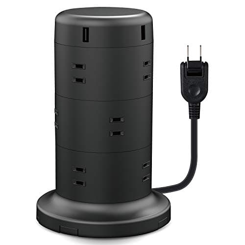 エレコム 電源タップ タワー型 延長コード [ 12個口 & USB×5ポート ] 固定パーツ付 雷ガード ほこりシャッター 2m ブラック ECT-0720BK