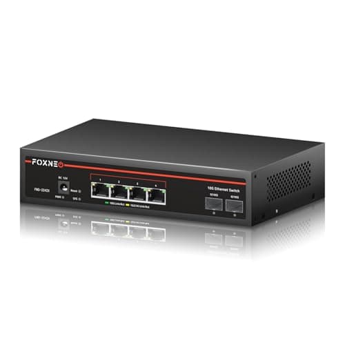 FOXNEO 10G スイッチングハブ 6ポート 4×10G RJ45+2×10G SFP+ 全ポート10Gbps対応 10G/10GbE LANハブ アンマネージド Jumbo Frame対応 低遅延 高速通信 NAS・サーバー・光回線・アップリンク対応 金属筐体 プラグ＆プレイ 2年保証