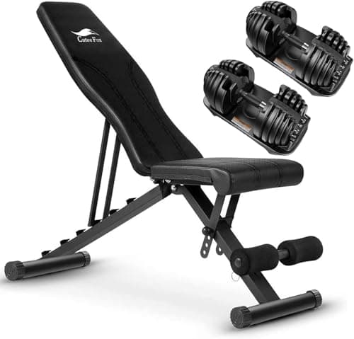 CuteeFox 商品 トレーニングベンチ＋可変式 ダンベル 24KG アジャスタブルダンベル 2個セット 2.5～24KG 15段階調節 5秒で重量調整 クイックダンベル 折り畳み 筋トレ フラットベンチ 角度調節簡単 ダンベルベンチ 腹筋 背筋 収納便利 ZH08 (黒)