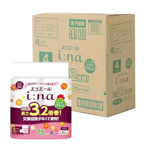 エリエール トイレットペーパー i:na(イーナ) フラワープリント 3.2倍巻き 75m×32ロール(4ロール×8パック) ダブル パルプ100% 華やぐフローラルの香り 【EC限定 正規段ケース】 【ハーフケース】