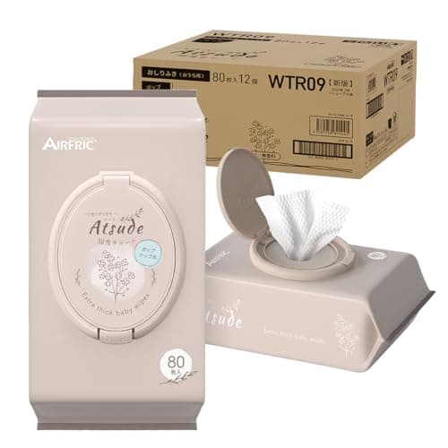 AIRFRIC おしりふき 厚手 無添加 無香料 ノンアルコール エンボス加工 蓋つき 水分多め やわらか 大判 純水 99％ 新生児 赤ちゃん ベビー 超厚手 極厚 出産準備 出産祝い 大容量 まとめ買い 手口ふき お尻ふき お尻拭き おしり拭き ウェットティッシュ 2026年リニューアル Atsude シリーズ wtr09 (おしりふき*連続タイプ*【80枚入りx12個】(960枚))
