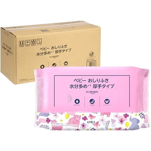 by Amazon ベビー おしりふき 純水99% 厚手タイプ 水分多め 無香料60枚入x20個 (1200枚) [ケース品] 日本製