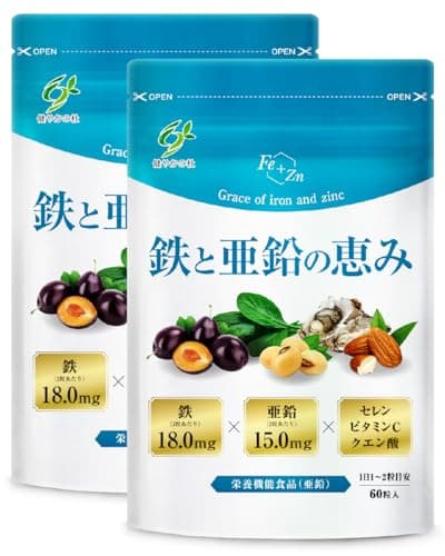 鉄分 亜鉛 【管理栄養士監修 鉄 18mg×亜鉛 15mg】 セレン ビタミンC クエン酸 竹炭 サプリ 鉄と亜鉛の恵み 60粒 30日〜60日分 健やかの杜