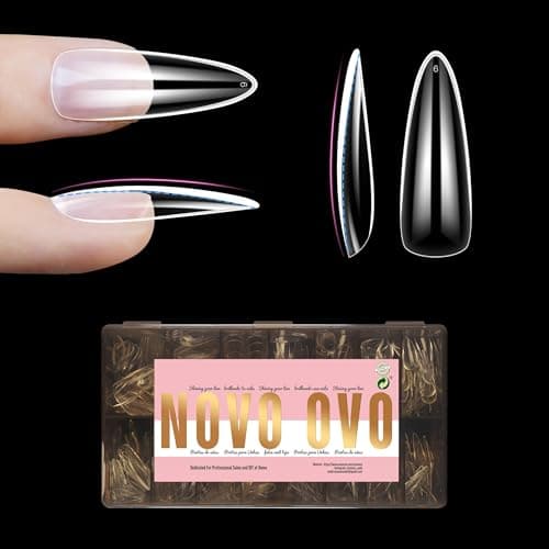 NOVO OVO Long Almond Nail Tips NATURAL (Not SCULPTED) for Flat Nail Beds フラットな爪床用のナチュラルロングアーモンドネイルチップ（彫刻なし）極厚L字型つけ爪、プレスオン、フルカバーソフトジェルつけ爪エクステンション、サロンDIY×15サイズ450個 [並行輸入品]