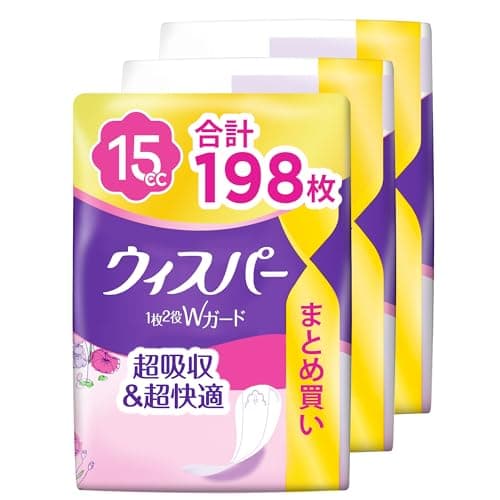 ウィスパー 15cc 198枚(66枚×3パック)【超スピード消臭技術、ぬれ感防止】1枚2役Wガード(吸水ナプキン にょうもれパッド女性用)