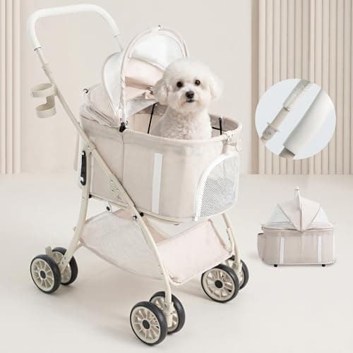 【55cmゆりかご · 超軽量4.5KG】MILA&LOUIS ペットカート おしゃれ犬 カート ペットカート 多頭の小型犬&猫 中型犬一匹用 4輪耐摩耗 犬用カート 犬 ベビーカー 人気 分離型・全体と折りたたみ式 ペットバギー 前輪360°後輪ブレーキ付 カップホルダー 犬 バギー 耐荷重15KG 軽量 通気 散歩 買い物 外出 旅行 日本語の取扱説明書付き (ベ一ジュ)