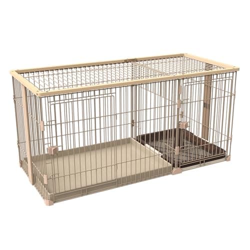 YumeTail 犬ケージ 犬ゲージ 犬用ケージ、二重スペース設計、145×68×70cm、トイレスペース付き、室内用 小型中型犬用 (ナチュラル, M（110×54×64cm ）屋根付き)
