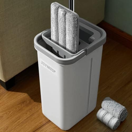 JOYMOOP モップとバケツ 絞り器セット ハンズフリー フラットフロアモップとバケツ 洗えるマイクロファイバーパッド3枚付き 拭き掃除対応の床掃除システム フローリング 乾湿両用