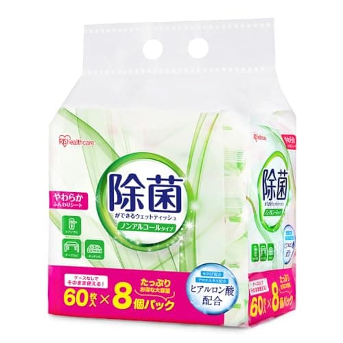 アイリスオーヤマ(IRIS OHYAMA) ウェットティッシュ ノンアルコール 除菌 480枚(60枚入×8個) コンパクト 掃除 持ち歩き 携帯 大容量 保湿 WTS-60N8P