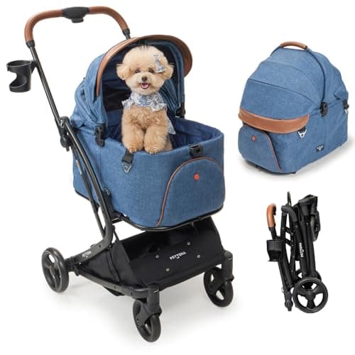 【電車で使用可能·1秒全車折り畳み分離型·獣医師推奨】PETTENA ペットカート 小型犬 MILOU-Small (ミルー) 電車カーバー別売り可能 ワンタッチ全車折りたたみ 犬カート 五つの一秒 超絶便利 分離式 耐荷重18KG 7.7KG軽量型 犬用カート 自立型 多頭 犬バギー 猫 多機能 犬用ベビーカー メガネコ (ブルー(カート本体))