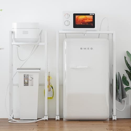 LunarLight ゴミ箱上ラック 幅40-60奥行34高さ90cm 多機能横幅伸縮式 コンセント付き キッチンツールラック レンジ台 オーペンラック ゴミ箱収納 プリント台ラック 可動式棚板多段調整 幅40-60無段階調整 Sフック付き 耐荷重35kg 錆び防止 耐摩耗性 防水性 耐熱性機能