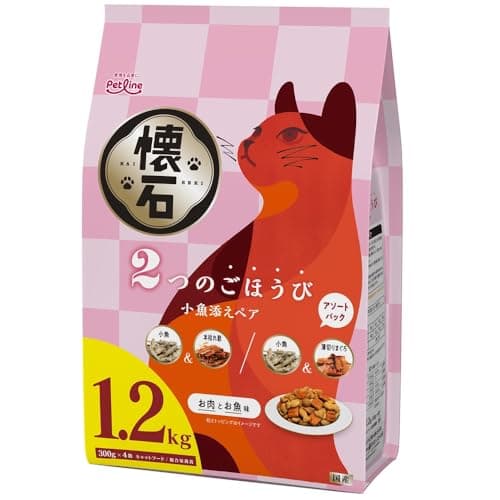 【ペットライン 懐石2つのごほうび 小魚添えペア 1.2kg(300g×4袋)】アルミ小分けパック 脱酸素剤 厳選トッピング 国産品 総合栄養食 キャットフード 猫様