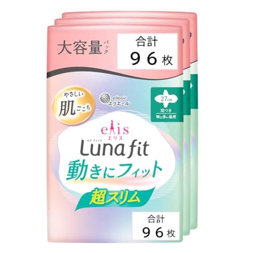 エリス 素肌のきもち ルナフィット 羽つき 27cm 96枚 超スリム 特に多い昼用 ナプキン 【Amazon.co.jp限定】 まとめ買い