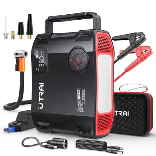 UTRAI ジャンプスターター 空気入れ付き 6000A大電流 27000mAh 大容量 150PSI空気入れ 12V車 スターター（ガソリン車・12L以下ディーゼル・HV車）USB出力 QC3.0急速充電 LEDライト PSE認証済み