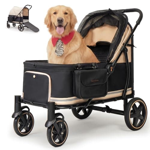【大型犬専用・スロープ付】PETTENA ペットカート 大型犬 犬カート 中型犬 多頭 広々コット 耐荷重55kg 軽量 ワンタッチ折りたたみ 28cm大径オフロードタイヤ 四輪サスペンション 組み立て簡単 老犬介護 乗り降りラクラク お出かけ・散歩・キャンプに PETTENA TITAN（タイタン）