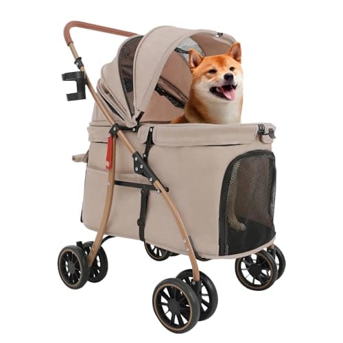 【低床型 ·大空間】MILA&LOUIS 中型犬ペットカート 大空間しっかり包み込む 大型犬 カート 深型しっかり包み込む犬用カート 小型犬/猫 多頭 老犬兼用 最大4匹 耐荷重30Kg 簡単に折りたたむ 前輪360°回転 後輪ブレーキ付き 低床型 乗り降りラクラク 犬用ベビーカー お出かけ 散歩 通院 収納便利 組み立て簡単(カーキ)