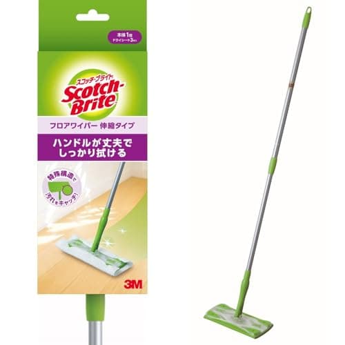 【Amazon.co.jp限定】 3M フローリングワイパー 本体 伸び縮み 一本柄 床 拭き 掃除 ドライシート 3枚 スコッチブライト