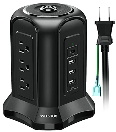 電源タップタワー型 Type-C付 PD機能付き usbコンセント 延長コード 2m 雷ガード 9個AC口 4個USBポート黒