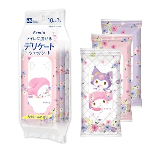 レック(LEC) Femia トイレに流せる デリケート ウエットシート 10枚入×3個 (マイメロ & クロミ) カモミールの香り