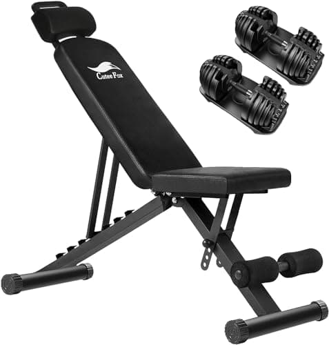 CuteeFox 商品 トレーニングベンチ＋可変式 ダンベル 24kg アジャスタブルダンベル 2個セット 2.5～24kg 15段階調節 5秒で重量調整 クイックダンベル 筋トレ 折り畳み フラットベンチ 腹筋 背筋 ダンベルベンチ 角度調節簡単 収納便利 009ZH (黒)