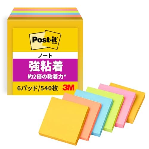 【Amazon.co.jp限定】 3M ポストイット 付箋 強粘着 大きい ネオンカラー 75×75mm 90枚×6パッド 654-6SSAN-AM