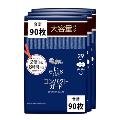 エリス コンパクトガード 羽つき 29cm 90枚 多い夜用 ナプキン 【Amazon.co.jp限定】 まとめ買い