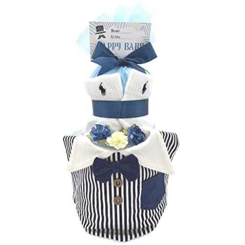 [enicy] おむつケーキ ラルフローレン 出産祝い 2段 ギフトセット (ラルフ男の子スタイル,お出かけスタイ おむつSサイズ,パンパース13枚)