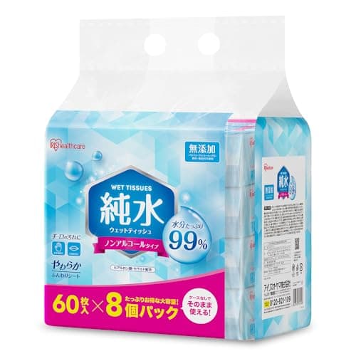 アイリスオーヤマ(IRIS OHYAMA) ウェットティッシュ 純水99% 480枚(60枚入×8個) コンパクト 掃除 持ち歩き お出かけ 携帯 手口拭き 大容量 WTS-60P8P