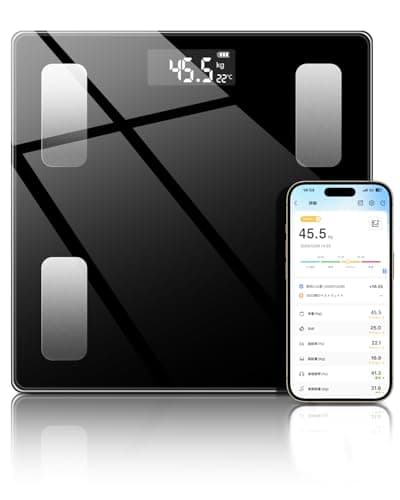 体重計 体脂肪計 Bluetooth スマホ連動 ヘルスメーター 対組成計 体脂肪率 高精度 180kgまで対応 ボディスケール 強化ガラス コンパクト 軽量アプリ対応/体脂肪率/体脂肪量など (ブラック)