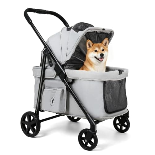 Totoro ball 中型犬用かーと ペットカート 深型しっかり包み込む 大型犬 カート 大空間 わんわんかーと 小型犬/猫 多頭 老犬兼用 最大4匹 耐荷重30Kg ワンタッチ折り畳み 前輪360°回転 後輪ブレーキ付き 低床型 乗り降りラクラク LD02M (グレー)