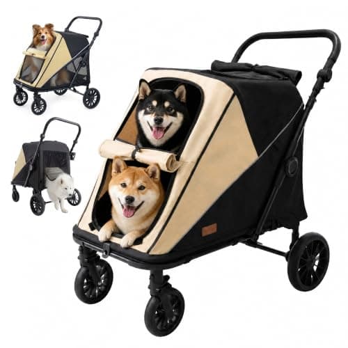 【柴犬専用・六面メッシュ通気・サイドメッシュ巻き上げ可能・低床型・超軽量9kg・3段ハンドル調整】MILA&LOUIS大型犬ペットカート 50kg対応 犬用バギー 中型犬 前後乗り降りOK ワンタッチ折りたたみ コンパクト 組立簡単 大きめ4輪 前輪360°回転 後輪ブレーキ付 多頭飼い・老犬介護 お出かけ・散歩・キャンプ(カーキ/ブラック)