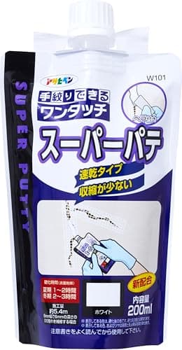 アサヒペン 補修材 ワンタッチ スーパーパテ 200ml W101 ホワイト 手絞りパウチ ヘラ付き 壁用 速乾 軽量 ひび割れ 釘穴補修 日本製