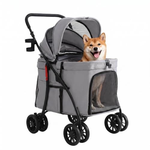 【低床型 ·大空間】MILA&LOUIS 中型犬ペットカート 大空間しっかり包み込む 大型犬 カート 深型しっかり包み込む犬用カート 小型犬/猫 多頭 老犬兼用 最大4匹 耐荷重30Kg 簡単に折りたたむ 前輪360°回転 後輪ブレーキ付き 低床型 乗り降りラクラク 犬用ベビーカー お出かけ 散歩 通院 収納便利 組み立て簡単(浅はいいろ)