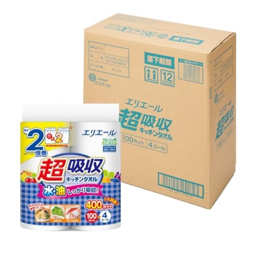 エリエール キッチンタオル 超吸収 2倍巻き 100カット×16ロール(4ロール×4パック) パルプ100% 【EC限定 正規段ケース】 【ハーフケース】