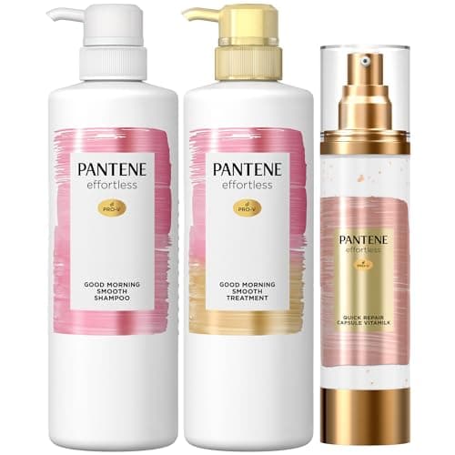 パンテーン エフォートレス シャンプー&トリートメント&洗い流さないトリートメント (480mL+480g+90g) グッドモーニングスムース カプセルヴィタミルク 【セット買い】