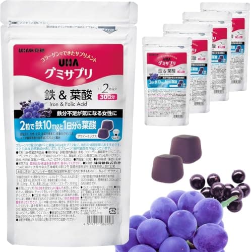 UHA味覚糖 グミサプリ 鉄＆葉酸 5袋セット (アサイーミックス味 / 30日分 × 5袋) 鉄/葉酸/コラーゲン 配合