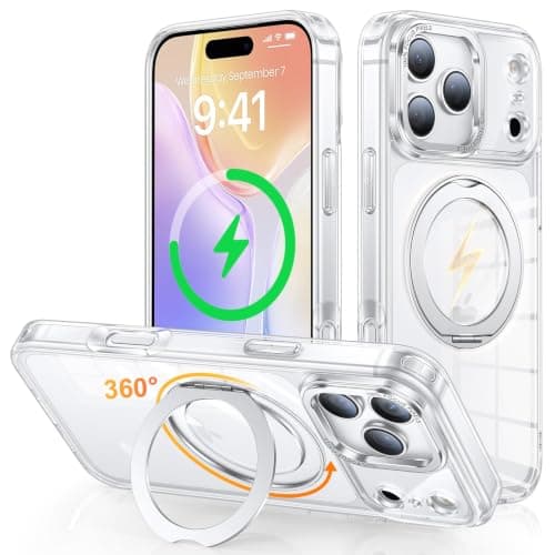 Gunwon iPhone 18 Pro / 17 Pro 用 ケース Magsafe対応 ワイヤレス充電 360回転スタンド 縦横両対応「クリア」