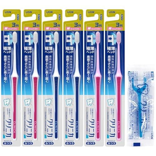 【Amazon.co.jp限定】クリニカアドバンテージハブラシ 3列 超コンパクト ふつう 薄型 歯ブラシ セット 6本(※色は選べません) +Y字フロス付き