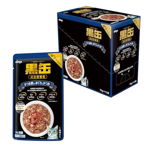 黒缶 パウチ グレインフリー かつお節入りまぐろとかつお 総合栄養食 70g×12個セット