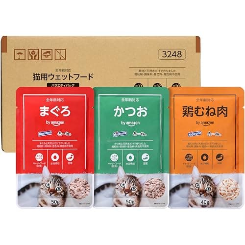 by Amazon はごろも 無一物 水煮 バラエティパック パウチ まぐろ・かつお・鶏むね肉 【国産】 30個入 (3種類×各10個) - キャットフード ウェット ケース販売