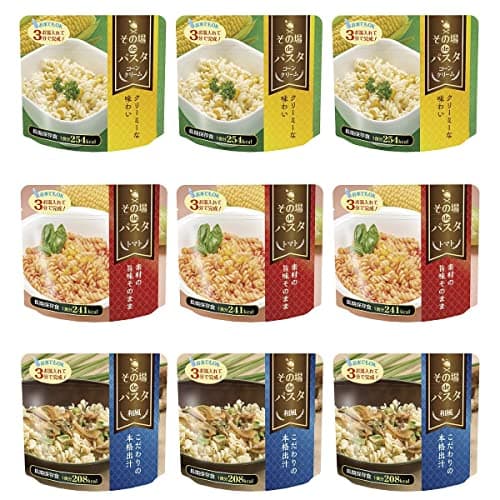【 非常食 5年保存 】その場de パスタ 9食セット 3種×各3食 ｜トマト コーン 和風 お湯 3分 国産 簡単調理 防災 備蓄 災害対策 常温保存 容器不要 スプーン不要 食料 登山 アウトドア