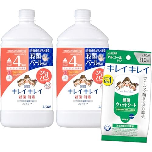 【Amazon.co.jp限定】キレイキレイ [医薬部外品] 薬用 泡ハンドソープ フルーツミックスの香り 詰め替え 800ml x 2個 +除菌シート付き