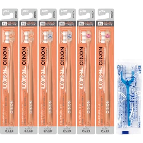 【Amazon.co.jp限定】NONIO(ノニオ)ハブラシ TYPE-SMOOTH ふつう 歯ブラシ セット 6本(※色は選べません) +Y字フロス付き