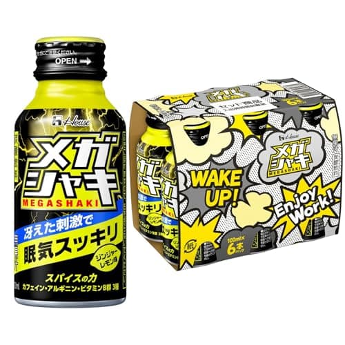 メガシャキ（アクティブデザイン） 100ｍｌ×6本 ジンジャーレモン味（無果汁） 炭酸飲料 刺激 冷涼感 眠気 仕事 勉強 運転 趣味 夜勤 眠気覚まし 刺激 強烈 覚醒作用 ハウスウェルネスフーズ【Amazon.co.jp限定】