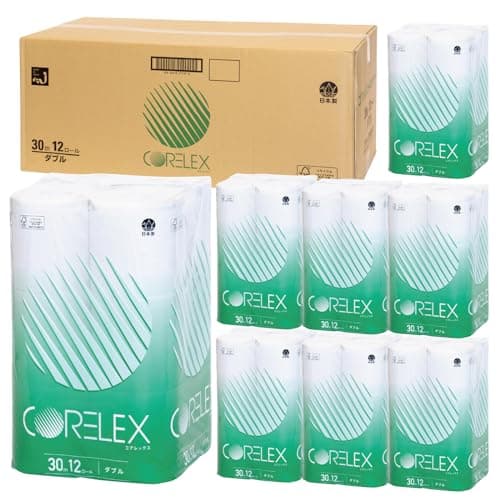 【ケース販売】コアレックス 再生紙芯ありトイレットペーパー30ｍダブル12ロール8パック入り（96ロール）