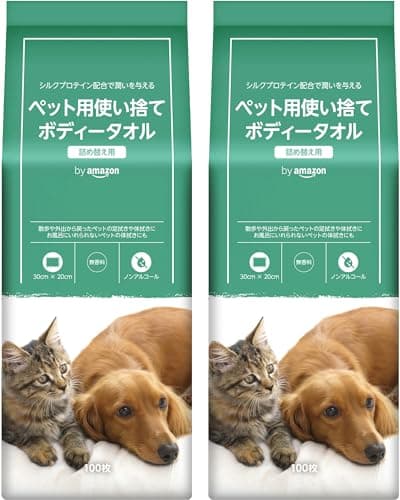 by Amazon ペット用 使い捨てボディータオル シルクプロテイン配合 無香料 (詰め替え用 100枚×2個セット)