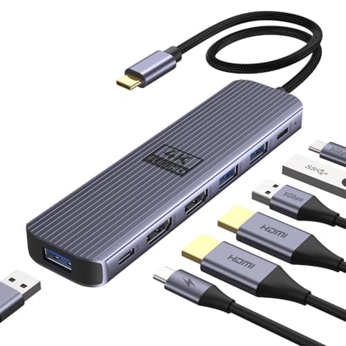 【新モデル USB-Cハブ】7-in-1 HDMI×2搭載 4K@60Hz対応 デュアルディスプレイ ドッキングステーション PD100W急速充電 USB-Cデータ転送 USB 3.2 Gen 1対応 USB-A 3.0×3 最大5Gbps高速転送 MacBook Pro/Air、iPad Pro、Surface、Windows PC、Chromebook対応 Thunderbolt 4/3対応
