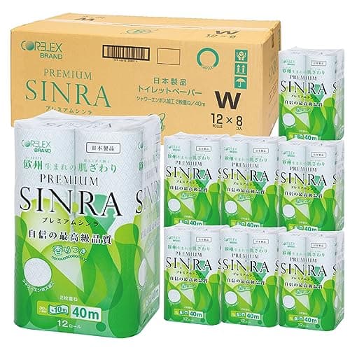 【ケース販売】コアレックス プレミアムシンラ 再生紙トイレットペーパー40mダブル12ロール8パック入り（96ロール）