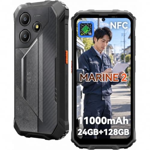 Marine2 タフネススマホ 24GB RAM+128GB ROM +2TB拡張可能 11000mAh大容量バッテリー 、Android 16 スマホ、6.56インチ 90Hz 16MP AIカメラ IP68/IP69K 防水防塵耐衝撃、4Gデュアルsimフリー スマホ 本体 指紋認証 顔認証 ブラック-