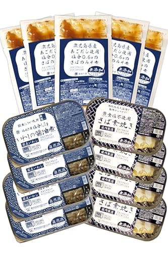 塩ぬき屋 減塩 無添加 お魚料理3種 計13セット（さば味噌煮5点・さば素焼き4点・いわし醤油煮4点） / 常温保存 長期保存 美味しい おかず 惣菜 レトルト 防災食 保存食 惣菜 国産 詰め合わせ 煮魚 焼き魚